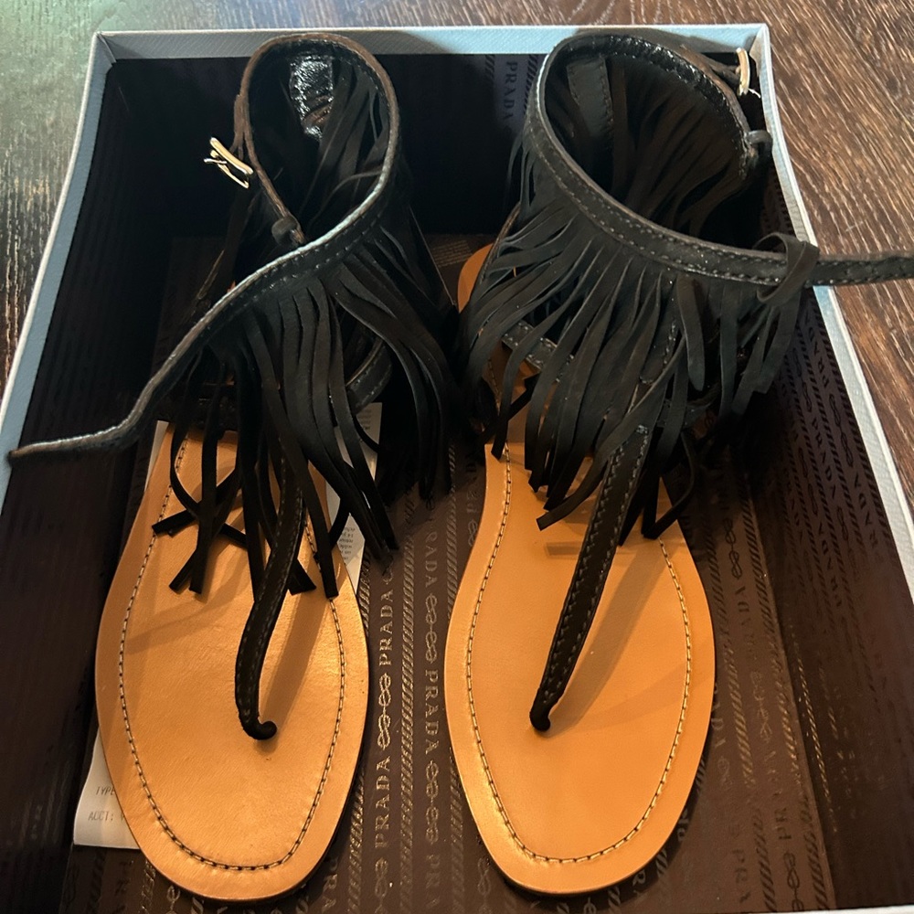 Prada Calzature Donna sandals, black. Fringe and Fun!